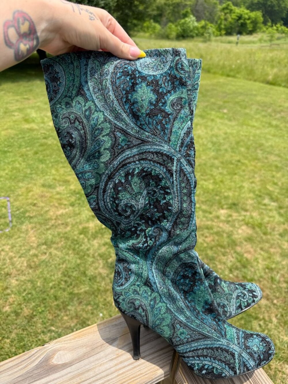 Paisley Knee High Heels sz9.5 Y2K Boho Glam Coquette Festival Boots 3584 - Picture 2 of 14